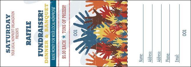 a printed raffle ticket template for fundraising events wit multi-colored hands.