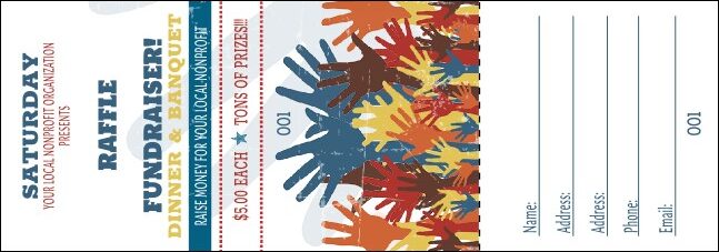 a printed raffle ticket template for fundraising events wit multi-colored hands.