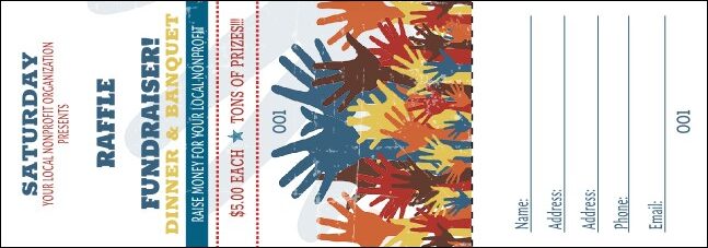 a printed raffle ticket template for fundraising events with multi-colored hands.