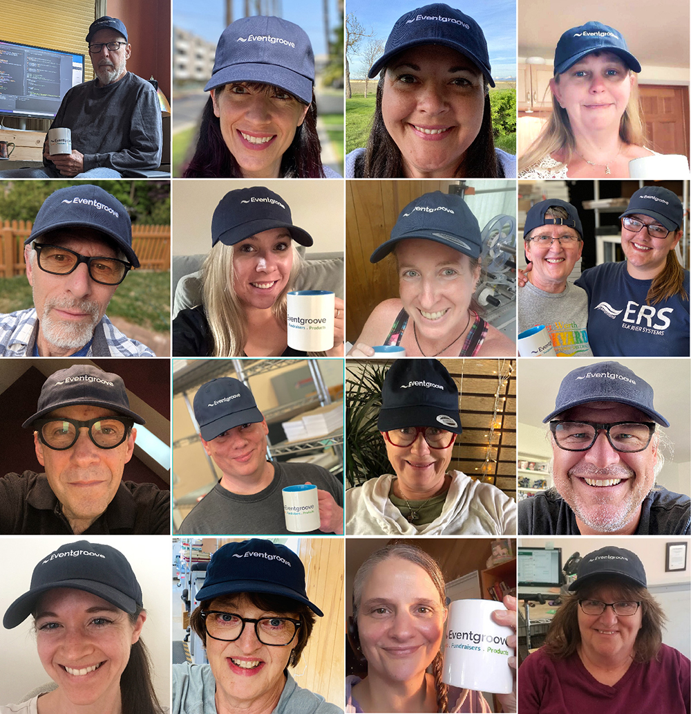 EG-Merch-Hats Eventgroove employees showcasing branded merchandise like custom hats, demonstrating the value of thoughtful design.