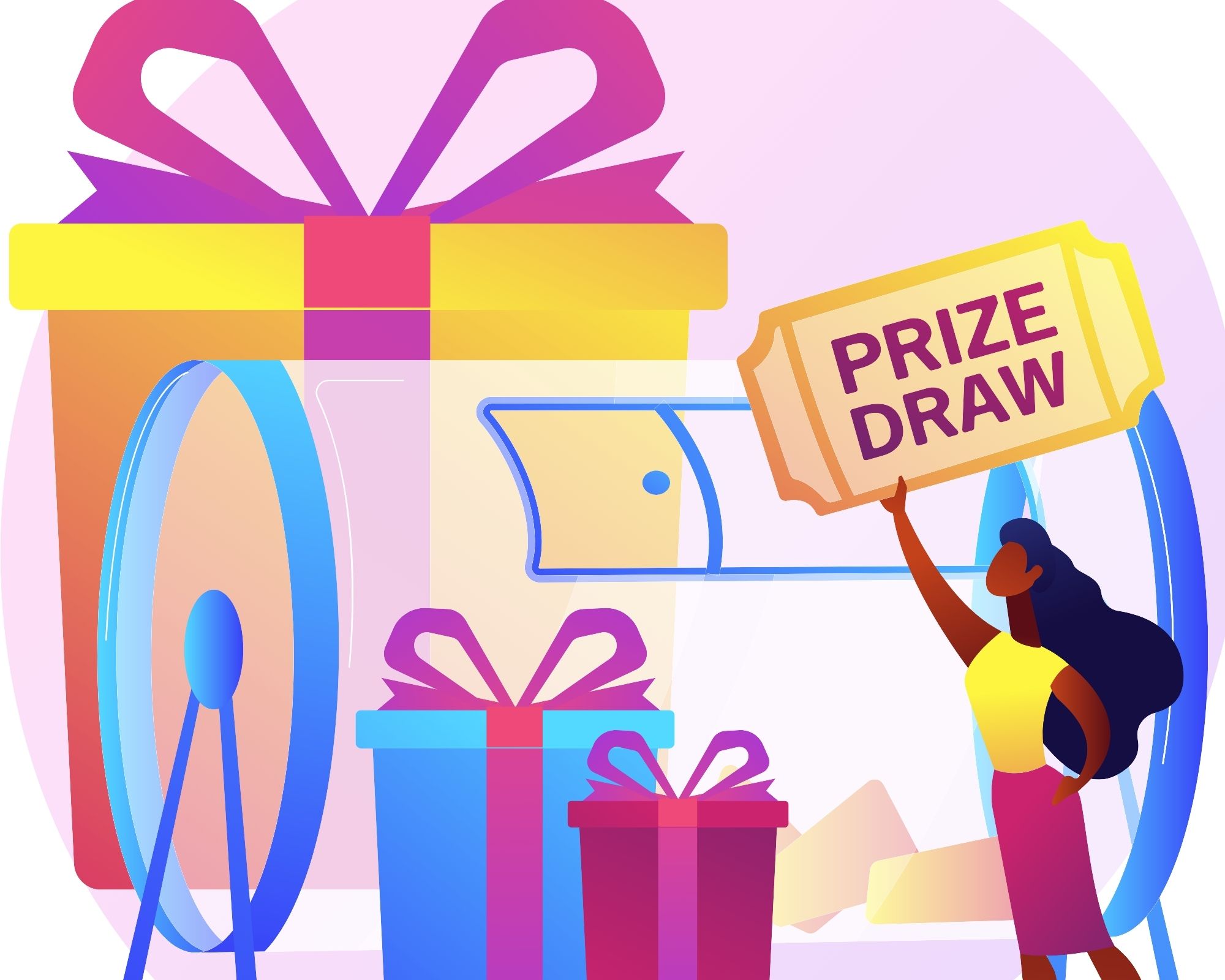 A woman holding a prize draw ticket next to wrapped gift boxes and a raffle drum
