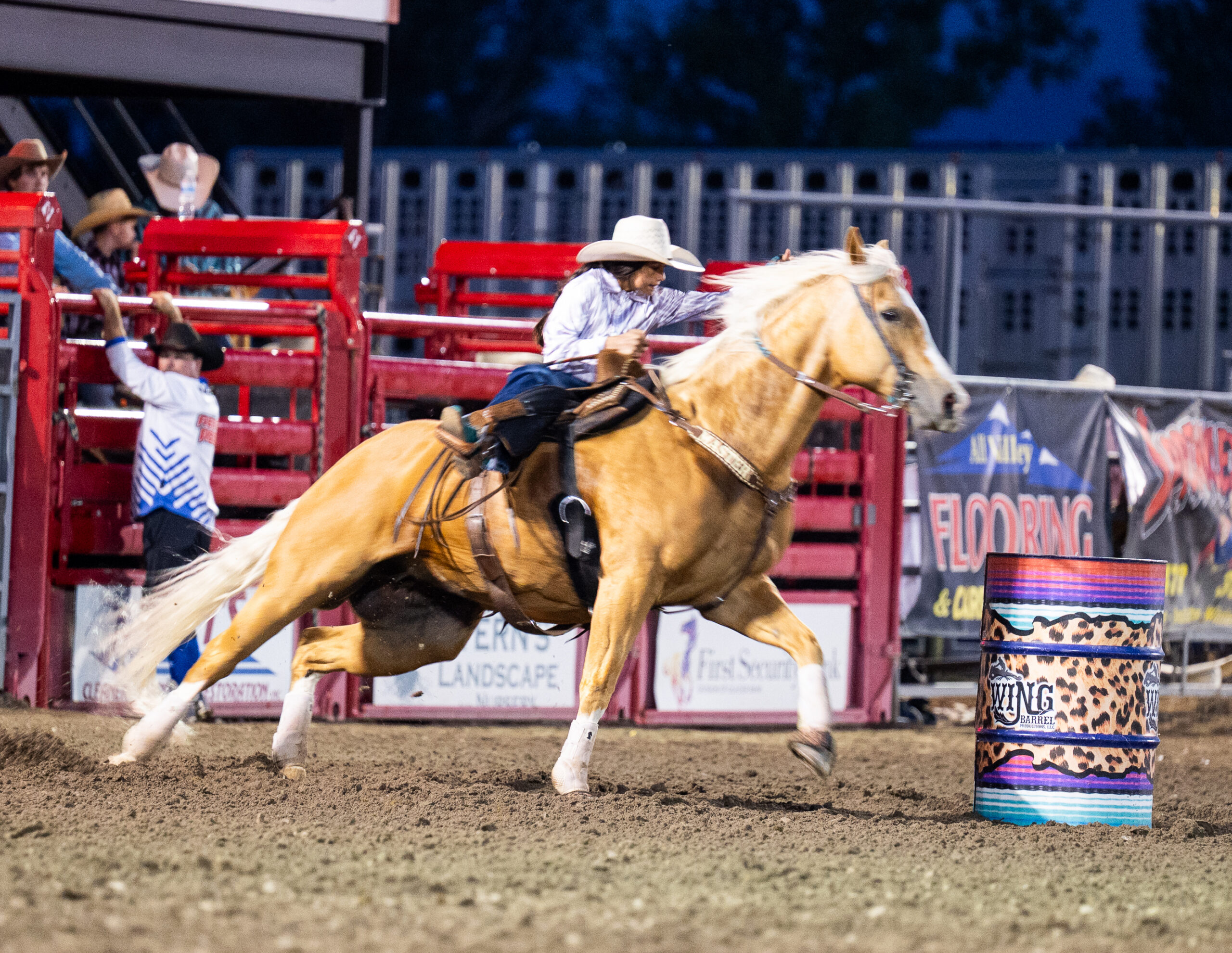 A rider on a palomino horse rounding a barrel at full speed during a night rodeo at the Ravalli County Fair & Rodeo in Hamilton, Montana